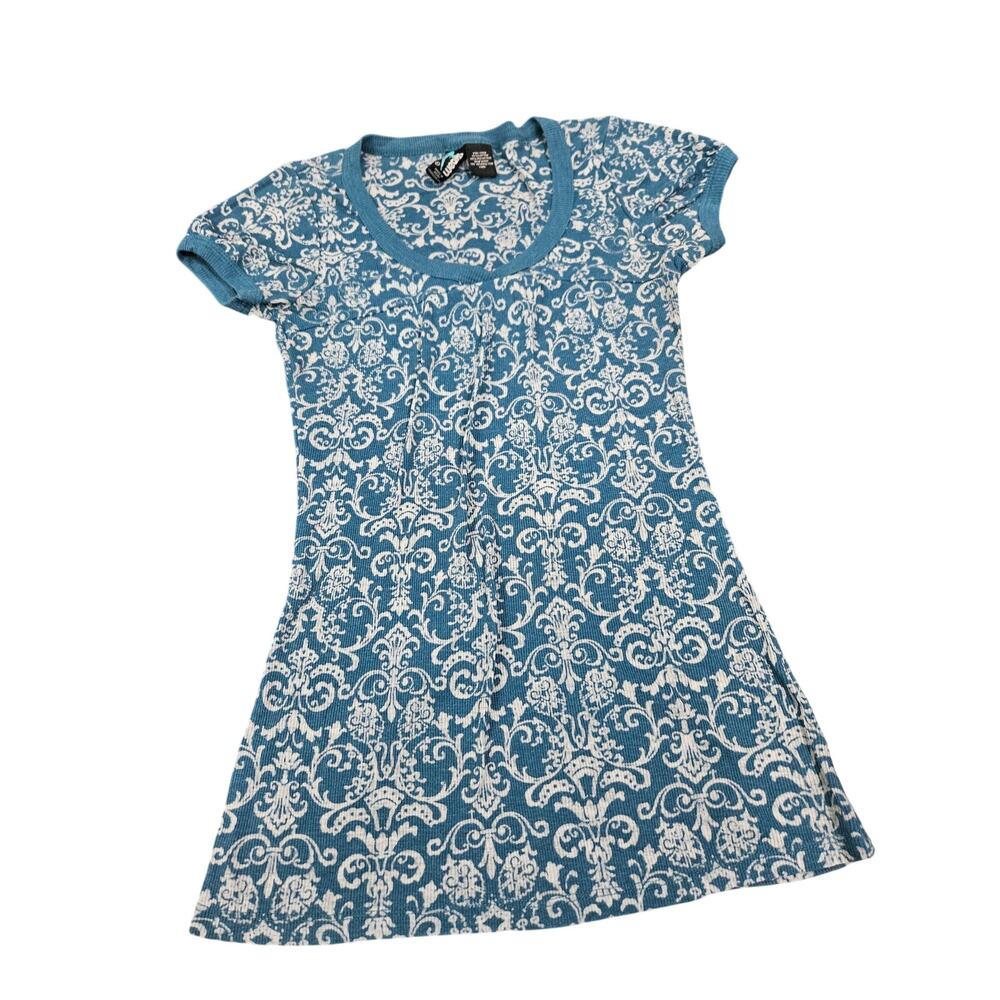 Weavers Y2K Ribbed Graphic Top L Blue All Over Print Fitted Tunic